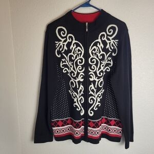 Christopher & Banks Zip Up Cardigan Sweater Women's Size Large Black White Red